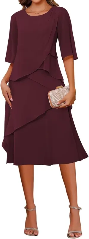 Women's Elegant Mother of The Bride Dresses for Wedding Short Sleeve Ruffles Chiffon Formal Evening Dress