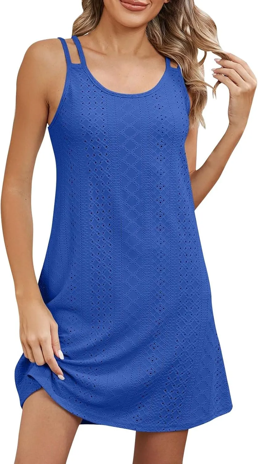 Womens Eyelet Embroidery Cami Dress Summer Sleeveless Casual Mini Dress Sundress Boho Spaghetti Strap Beach Dresses