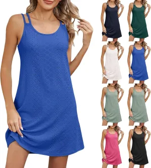 Womens Eyelet Embroidery Cami Dress Summer Sleeveless Casual Mini Dress Sundress Boho Spaghetti Strap Beach Dresses