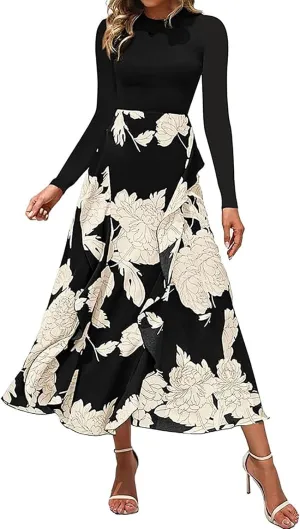 Womens Fall Fashion 2025 Floral Maxi Dress Casual Crewneck Long Sleeve Ruffle Flowy Cocktail Wedding Guest Dresses