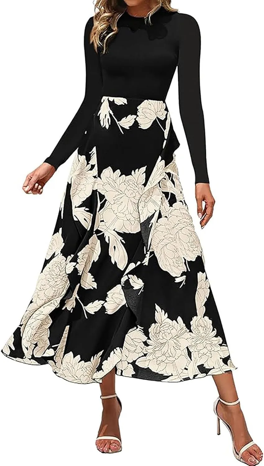 Womens Fall Fashion 2025 Floral Maxi Dress Casual Crewneck Long Sleeve Ruffle Flowy Cocktail Wedding Guest Dresses