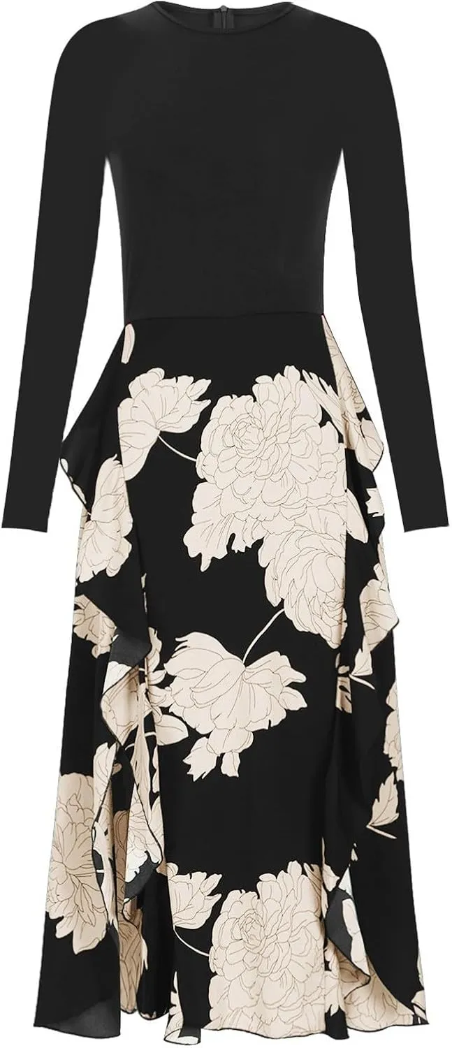 Womens Fall Fashion 2025 Floral Maxi Dress Casual Crewneck Long Sleeve Ruffle Flowy Cocktail Wedding Guest Dresses