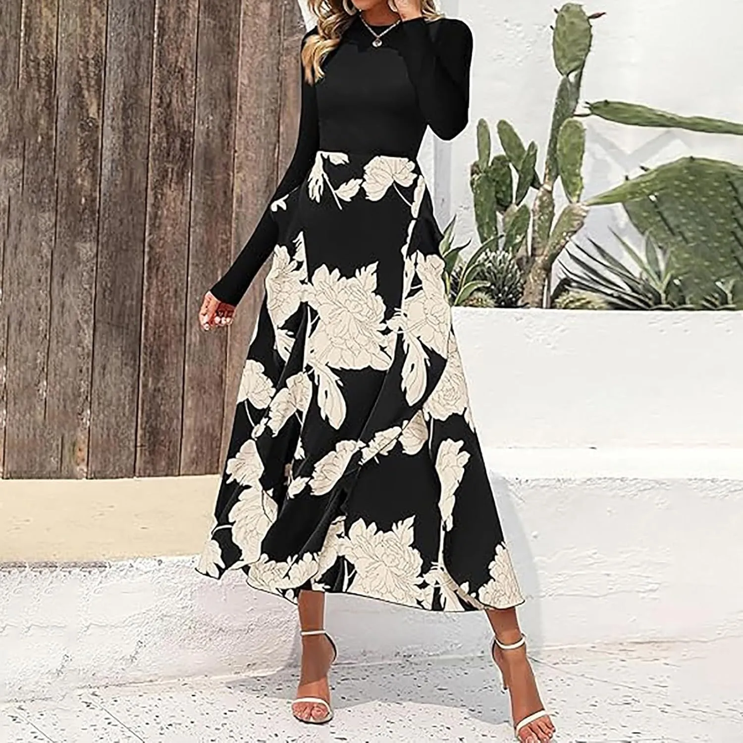 Womens Fall Fashion 2025 Floral Maxi Dress Casual Crewneck Long Sleeve Ruffle Flowy Cocktail Wedding Guest Dresses