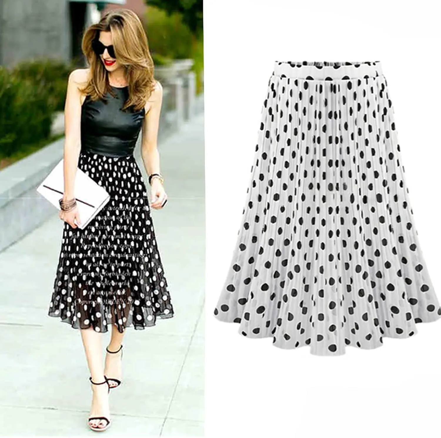 Womens Fashion Casual Polka Dot Pleated High Waist Midi Skirt Flared Double-Layered Mesh Midi Skirt Puffy Skirts