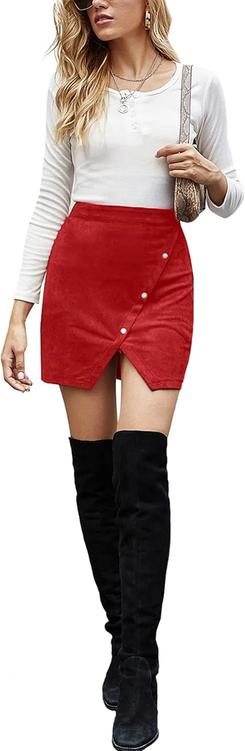 Women's Faux Suede High Waist Button A-Line Mini Pencil Skirt