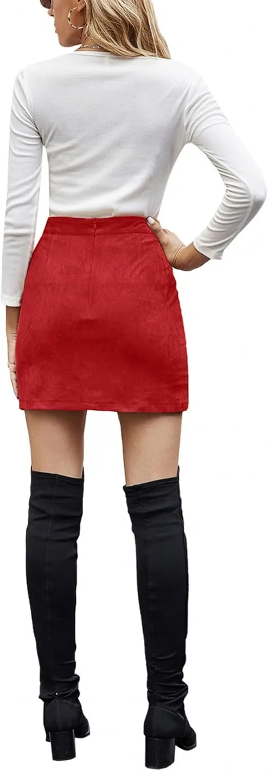 Women's Faux Suede High Waist Button A-Line Mini Pencil Skirt