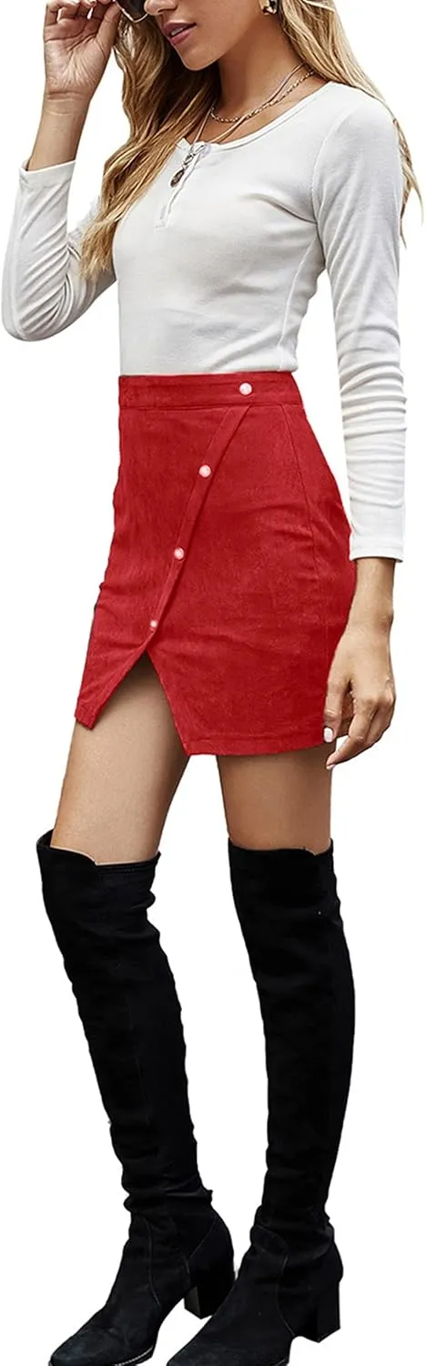 Women's Faux Suede High Waist Button A-Line Mini Pencil Skirt