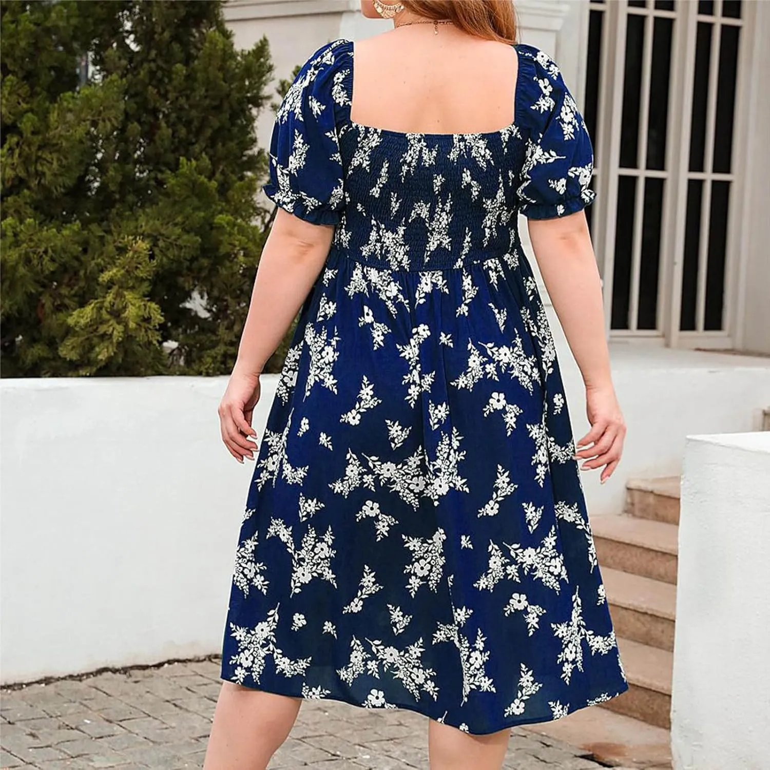 Women's Floral Dress Summer Casual Midi Dress Plus Size Puff Short Sleeve Square Neck Pleated Flowy Beach Sundress