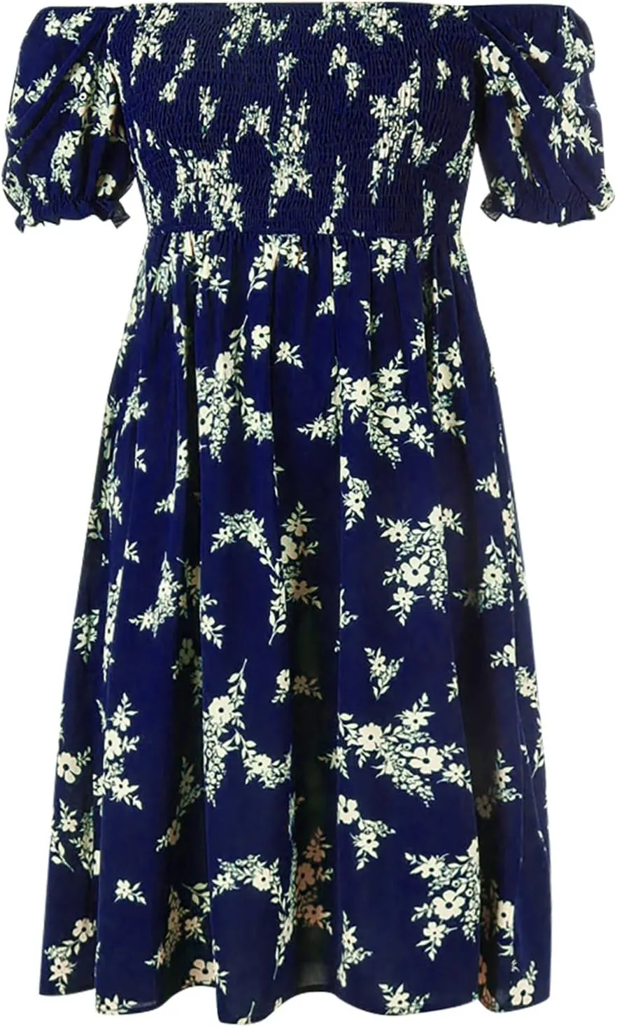 Women's Floral Dress Summer Casual Midi Dress Plus Size Puff Short Sleeve Square Neck Pleated Flowy Beach Sundress