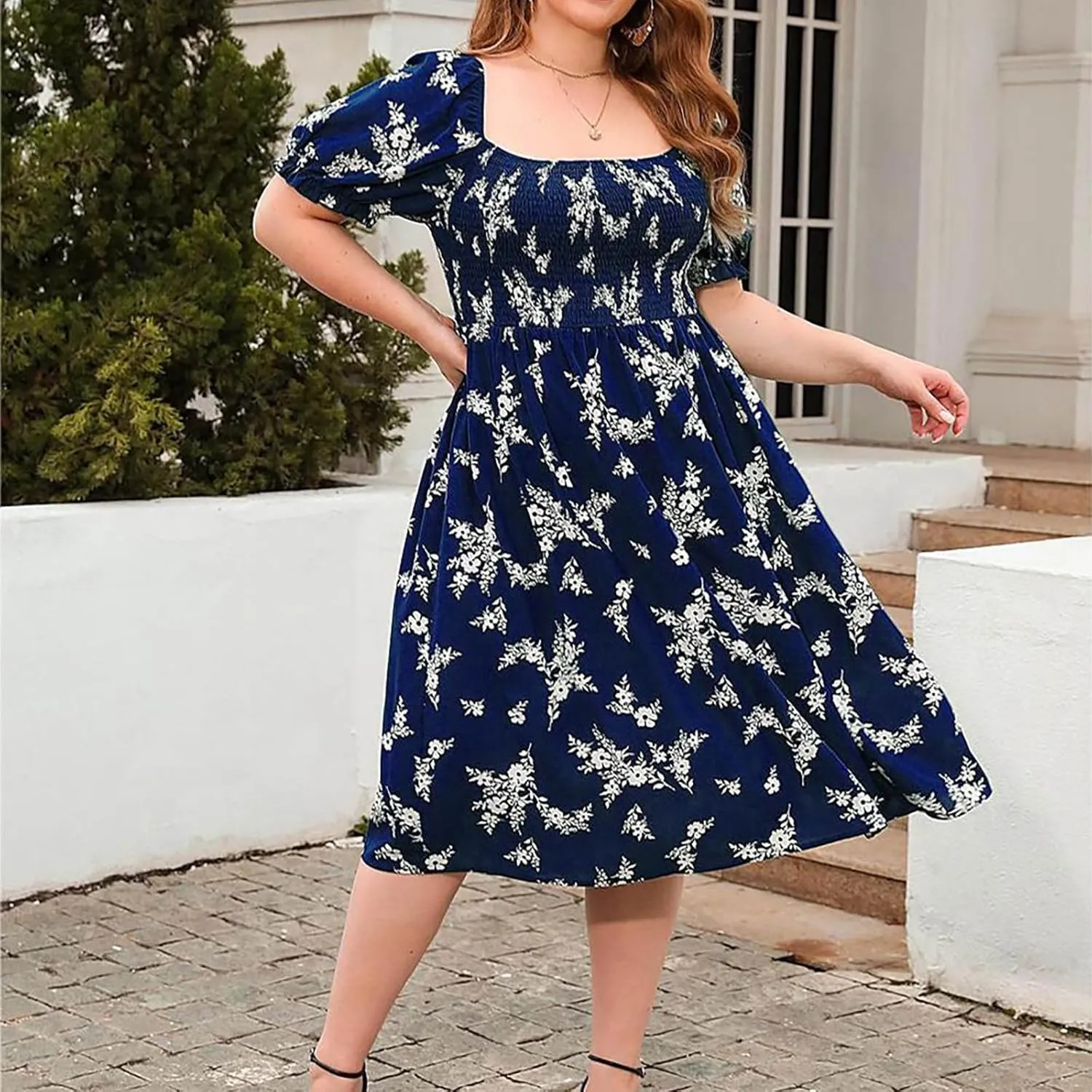 Women's Floral Dress Summer Casual Midi Dress Plus Size Puff Short Sleeve Square Neck Pleated Flowy Beach Sundress