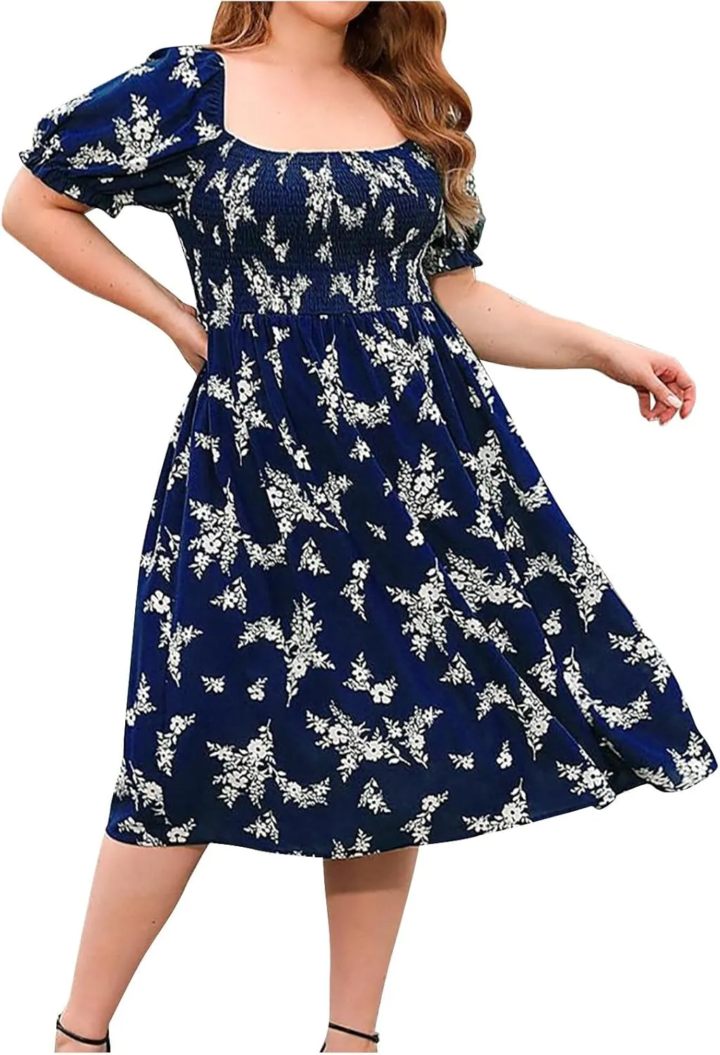 Women's Floral Dress Summer Casual Midi Dress Plus Size Puff Short Sleeve Square Neck Pleated Flowy Beach Sundress