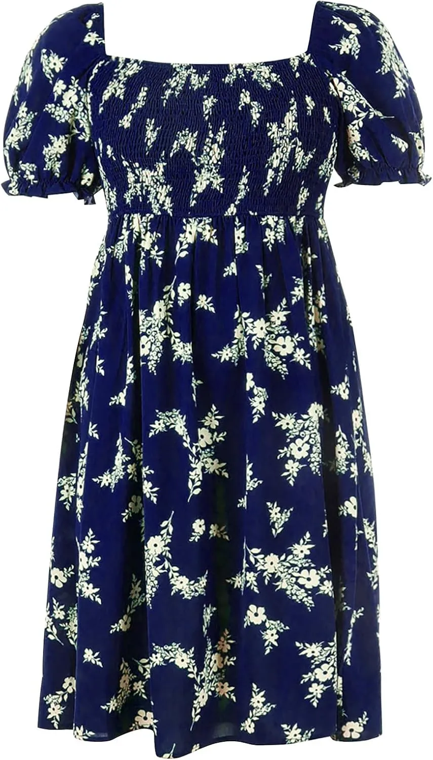 Women's Floral Dress Summer Casual Midi Dress Plus Size Puff Short Sleeve Square Neck Pleated Flowy Beach Sundress