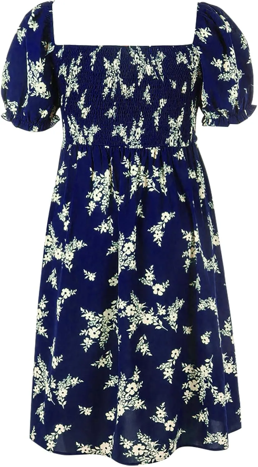 Women's Floral Dress Summer Casual Midi Dress Plus Size Puff Short Sleeve Square Neck Pleated Flowy Beach Sundress
