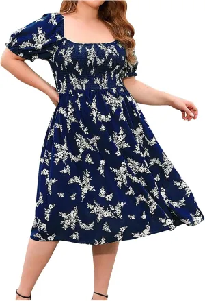 Women's Floral Dress Summer Casual Midi Dress Plus Size Puff Short Sleeve Square Neck Pleated Flowy Beach Sundress