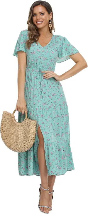 Women's Floral Maxi Dress Short Sleeve Midi Dress Summer Boho Dresses V-Neck Ruffle Swing Flowy Beach Party Dress with Slit
