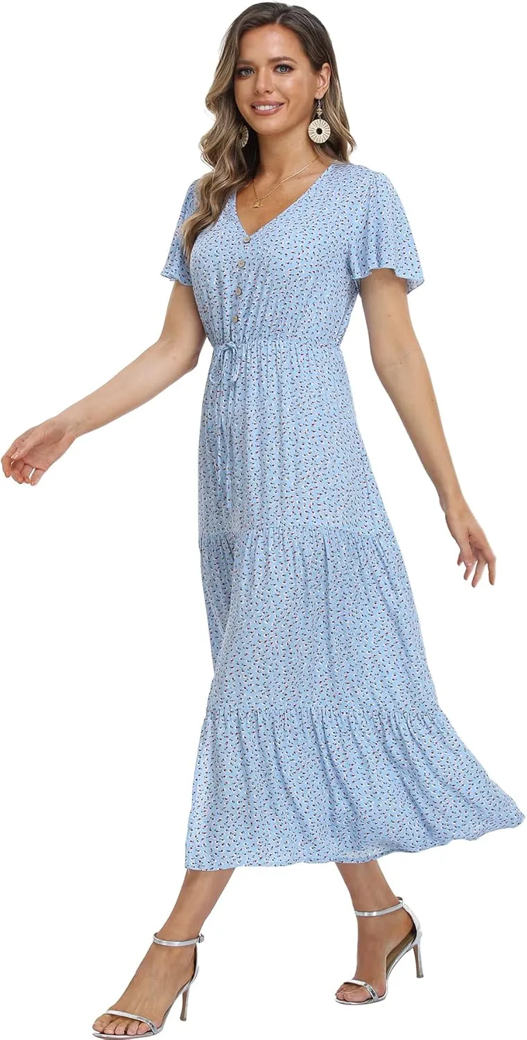 Women's Floral Maxi Dress Short Sleeve Midi Dress Summer Boho Dresses V-Neck Ruffle Swing Flowy Beach Party Dress with Slit