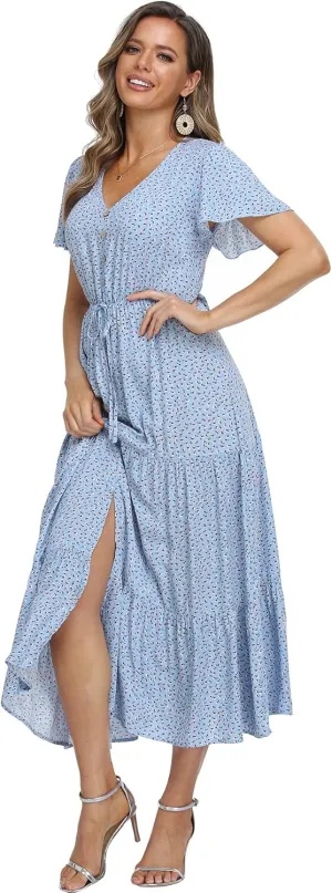 Women's Floral Maxi Dress Short Sleeve Midi Dress Summer Boho Dresses V-Neck Ruffle Swing Flowy Beach Party Dress with Slit