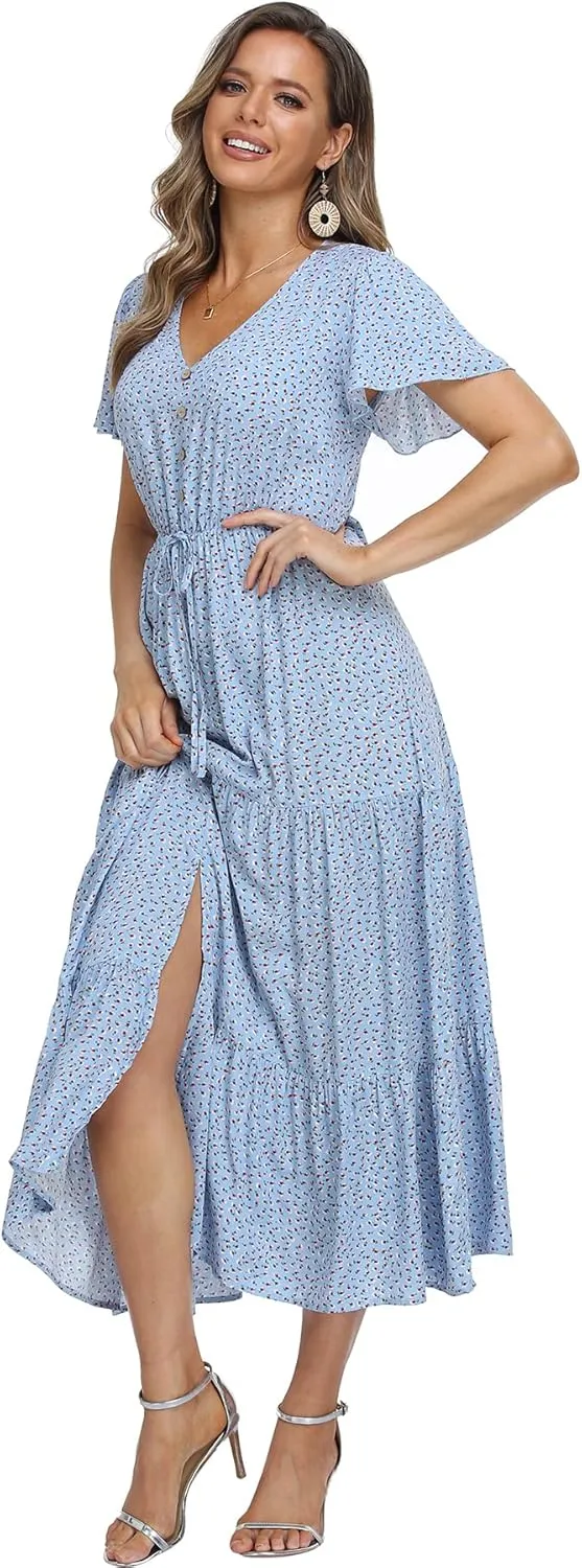 Women's Floral Maxi Dress Short Sleeve Midi Dress Summer Boho Dresses V-Neck Ruffle Swing Flowy Beach Party Dress with Slit