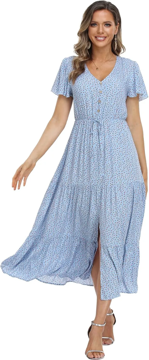 Women's Floral Maxi Dress Short Sleeve Midi Dress Summer Boho Dresses V-Neck Ruffle Swing Flowy Beach Party Dress with Slit