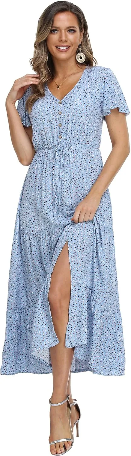 Women's Floral Maxi Dress Short Sleeve Midi Dress Summer Boho Dresses V-Neck Ruffle Swing Flowy Beach Party Dress with Slit