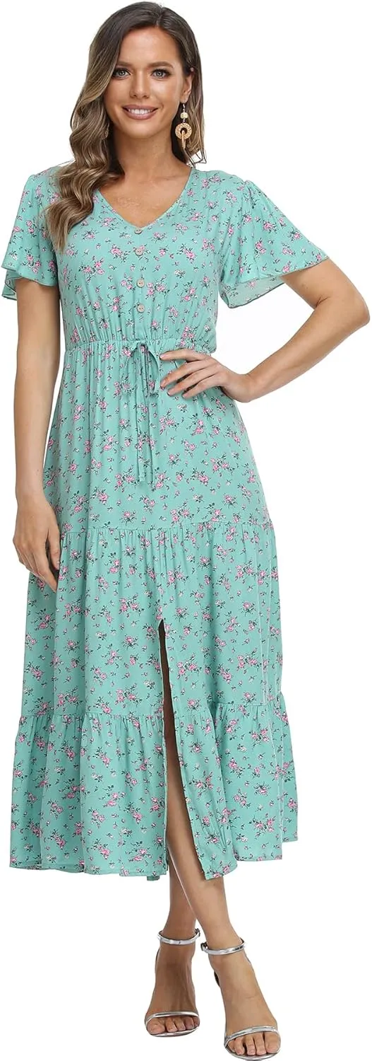 Women's Floral Maxi Dress Short Sleeve Midi Dress Summer Boho Dresses V-Neck Ruffle Swing Flowy Beach Party Dress with Slit