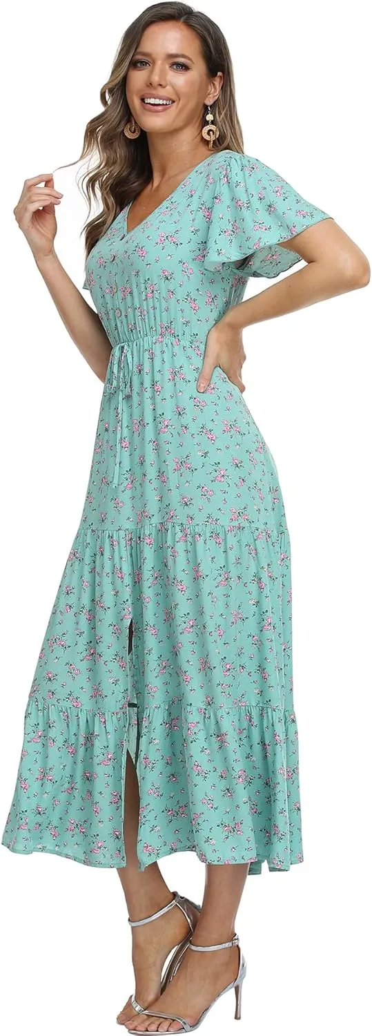 Women's Floral Maxi Dress Short Sleeve Midi Dress Summer Boho Dresses V-Neck Ruffle Swing Flowy Beach Party Dress with Slit