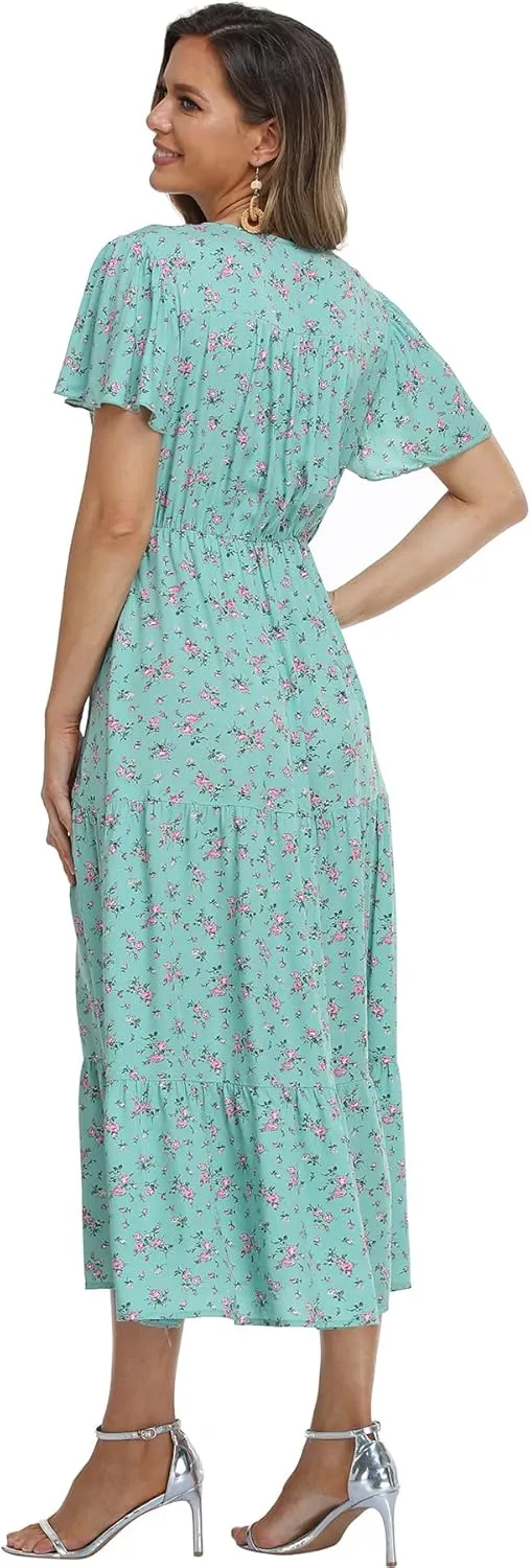 Women's Floral Maxi Dress Short Sleeve Midi Dress Summer Boho Dresses V-Neck Ruffle Swing Flowy Beach Party Dress with Slit