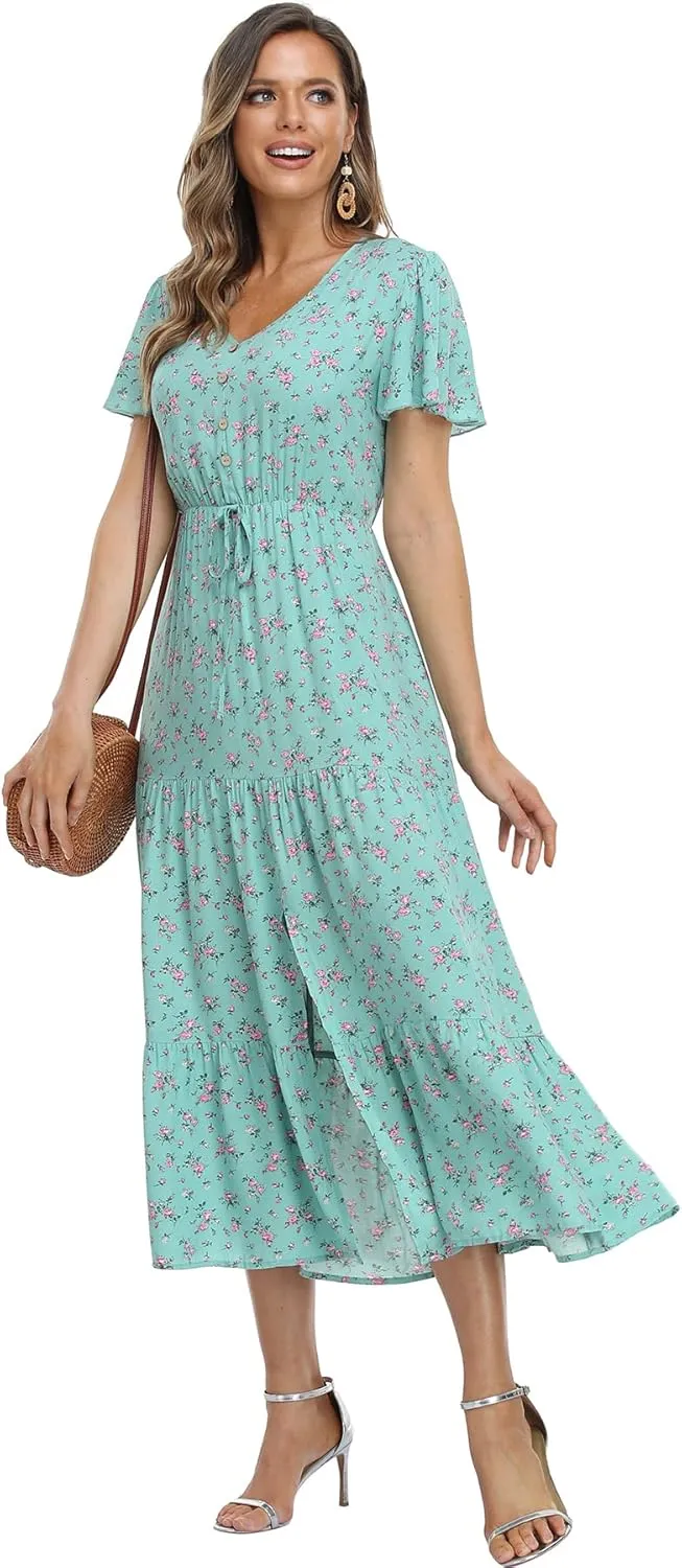 Women's Floral Maxi Dress Short Sleeve Midi Dress Summer Boho Dresses V-Neck Ruffle Swing Flowy Beach Party Dress with Slit