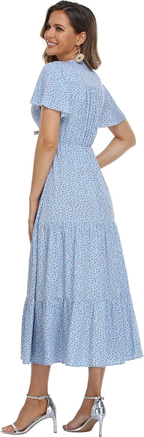Women's Floral Maxi Dress Short Sleeve Midi Dress Summer Boho Dresses V-Neck Ruffle Swing Flowy Beach Party Dress with Slit