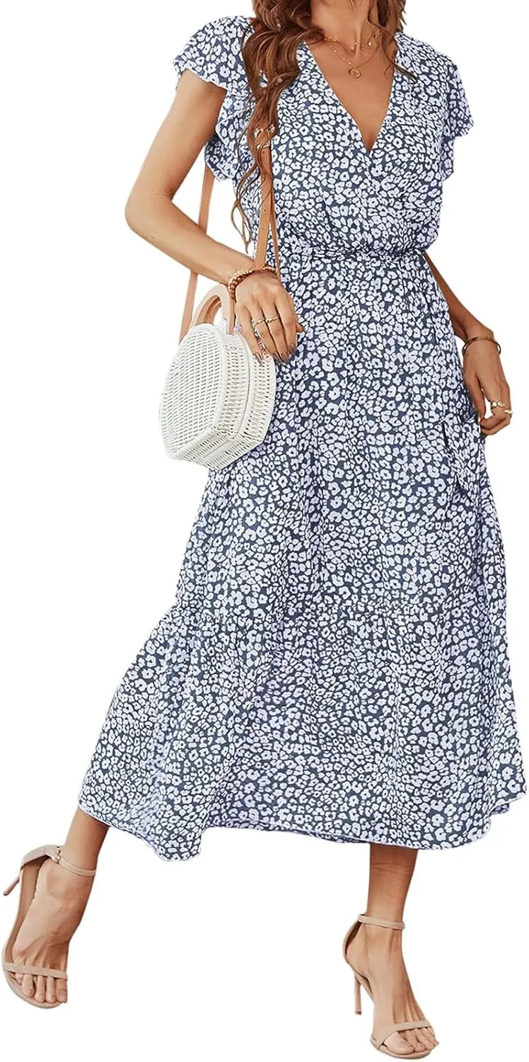 Women's Floral Midi Dress Summer Boho Dresses Beach Sundress Vacation A-line Skirts V-Neck Belt Pleated Maxi Dress