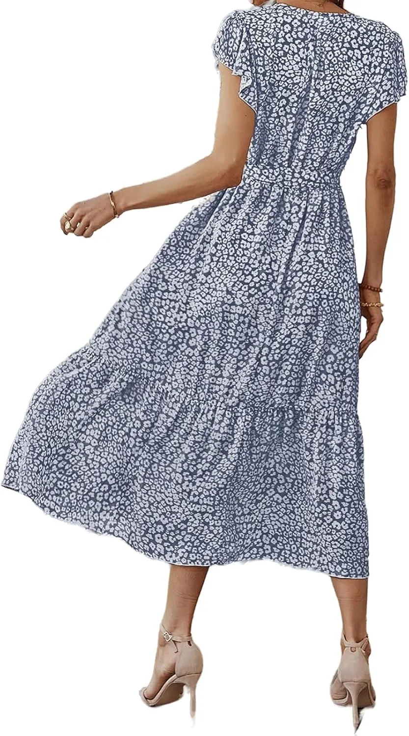 Women's Floral Midi Dress Summer Boho Dresses Beach Sundress Vacation A-line Skirts V-Neck Belt Pleated Maxi Dress