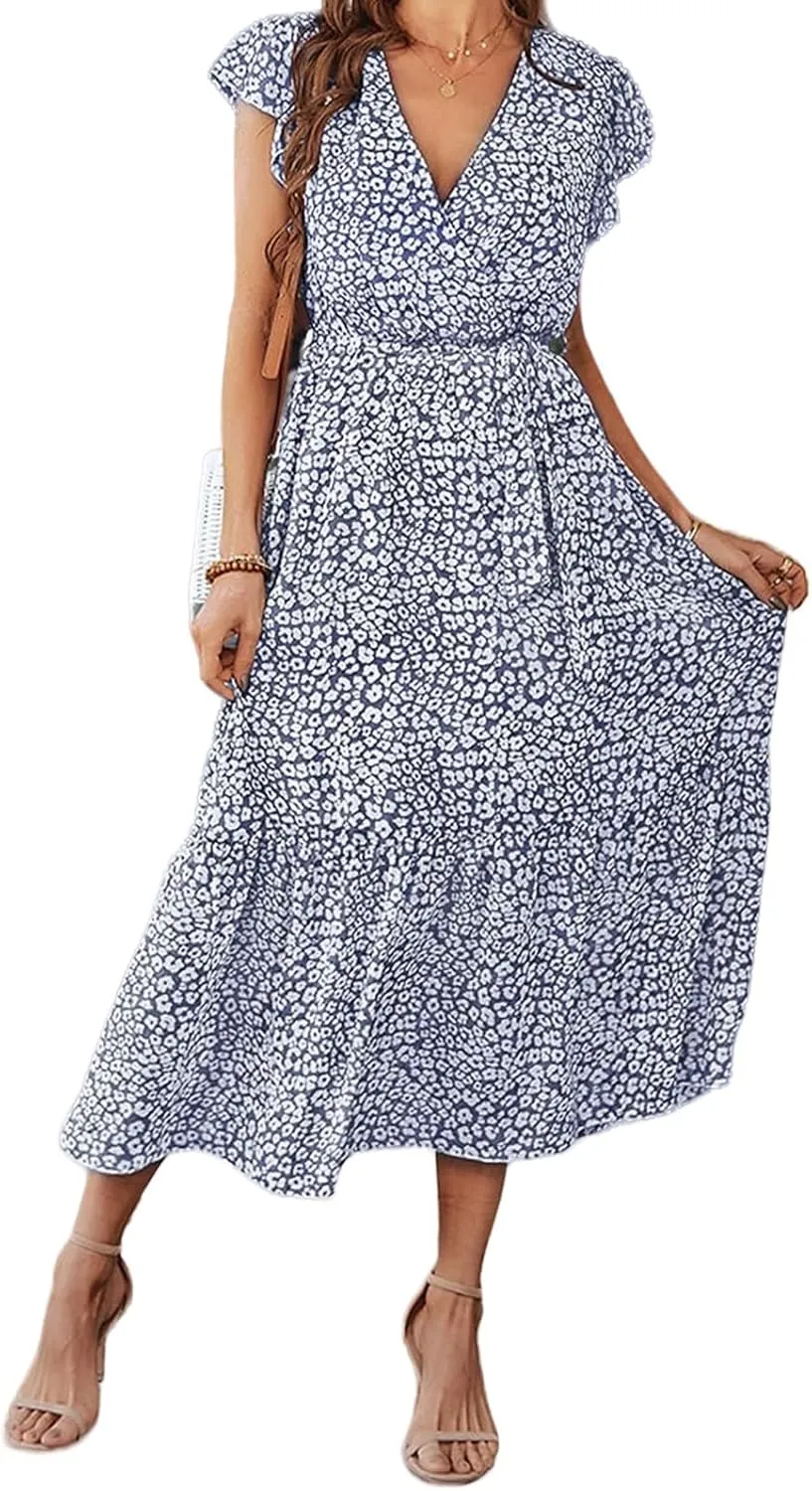 Women's Floral Midi Dress Summer Boho Dresses Beach Sundress Vacation A-line Skirts V-Neck Belt Pleated Maxi Dress