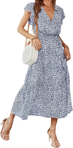 Women's Floral Midi Dress Summer Boho Dresses Beach Sundress Vacation A-line Skirts V-Neck Belt Pleated Maxi Dress