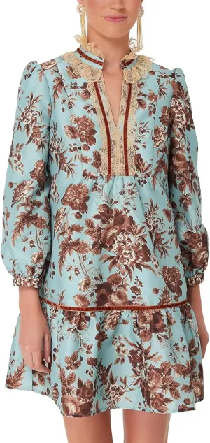 Women's Floral Mini Dress Puff Long Sleeve Ruffle V-Neck A-Line Smocked Loose Fit Short Dress
