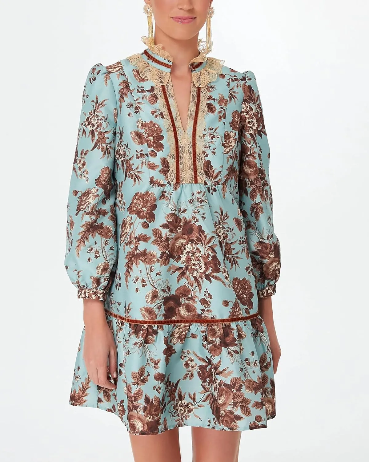 Women's Floral Mini Dress Puff Long Sleeve Ruffle V-Neck A-Line Smocked Loose Fit Short Dress