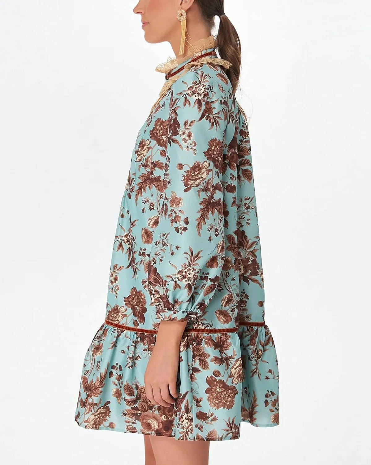 Women's Floral Mini Dress Puff Long Sleeve Ruffle V-Neck A-Line Smocked Loose Fit Short Dress