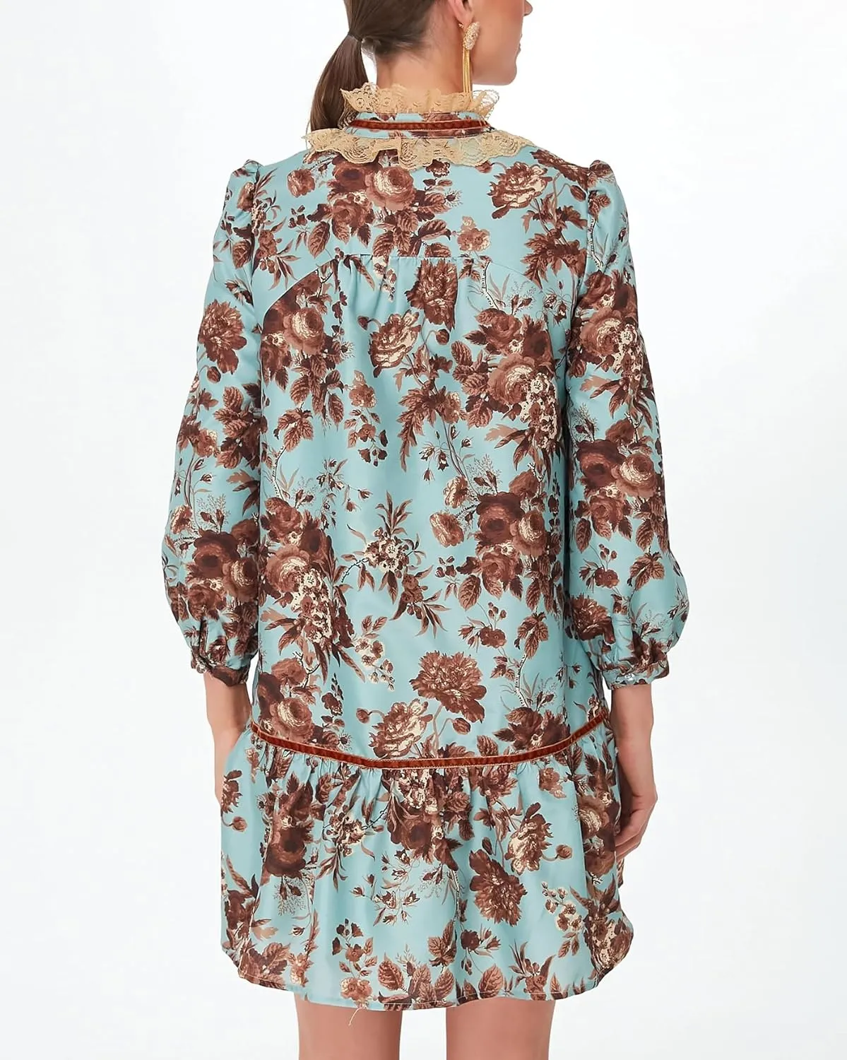 Women's Floral Mini Dress Puff Long Sleeve Ruffle V-Neck A-Line Smocked Loose Fit Short Dress