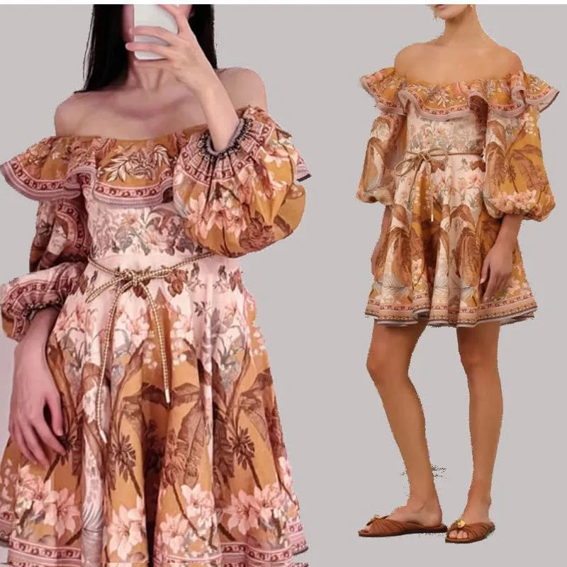 Women's Floral Print Mini Dress Off Shoulder Ruffle Short Dress Sexy Elegant Off The Shoulder Puff Long Sleeve Sundress