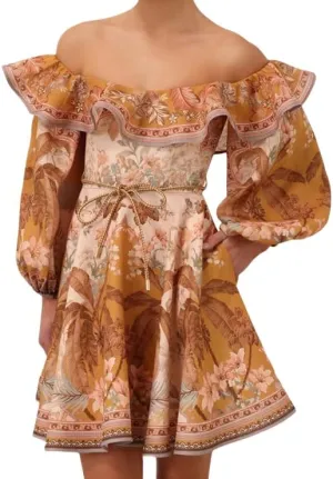 Women's Floral Print Mini Dress Off Shoulder Ruffle Short Dress Sexy Elegant Off The Shoulder Puff Long Sleeve Sundress