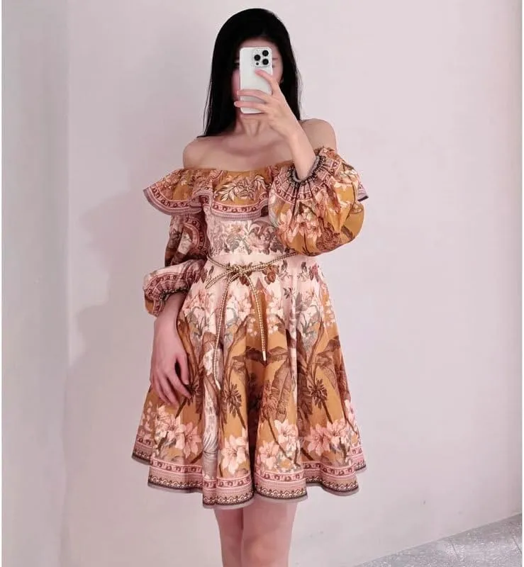 Women's Floral Print Mini Dress Off Shoulder Ruffle Short Dress Sexy Elegant Off The Shoulder Puff Long Sleeve Sundress