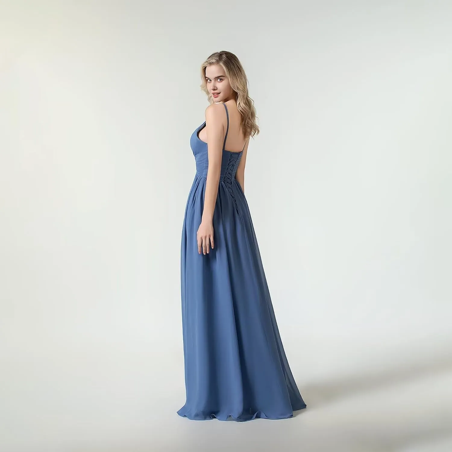 Women's Halter Sleeveless Bridesmaid Dresses Long Chiffon Formal Dresses Pleated Simple A-Line Evening Gowns