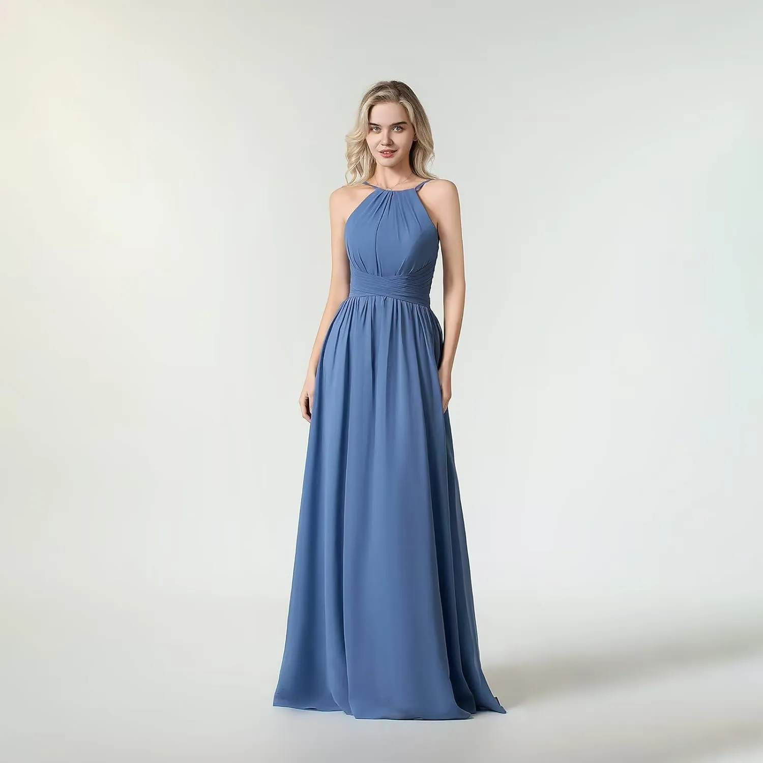 Women's Halter Sleeveless Bridesmaid Dresses Long Chiffon Formal Dresses Pleated Simple A-Line Evening Gowns