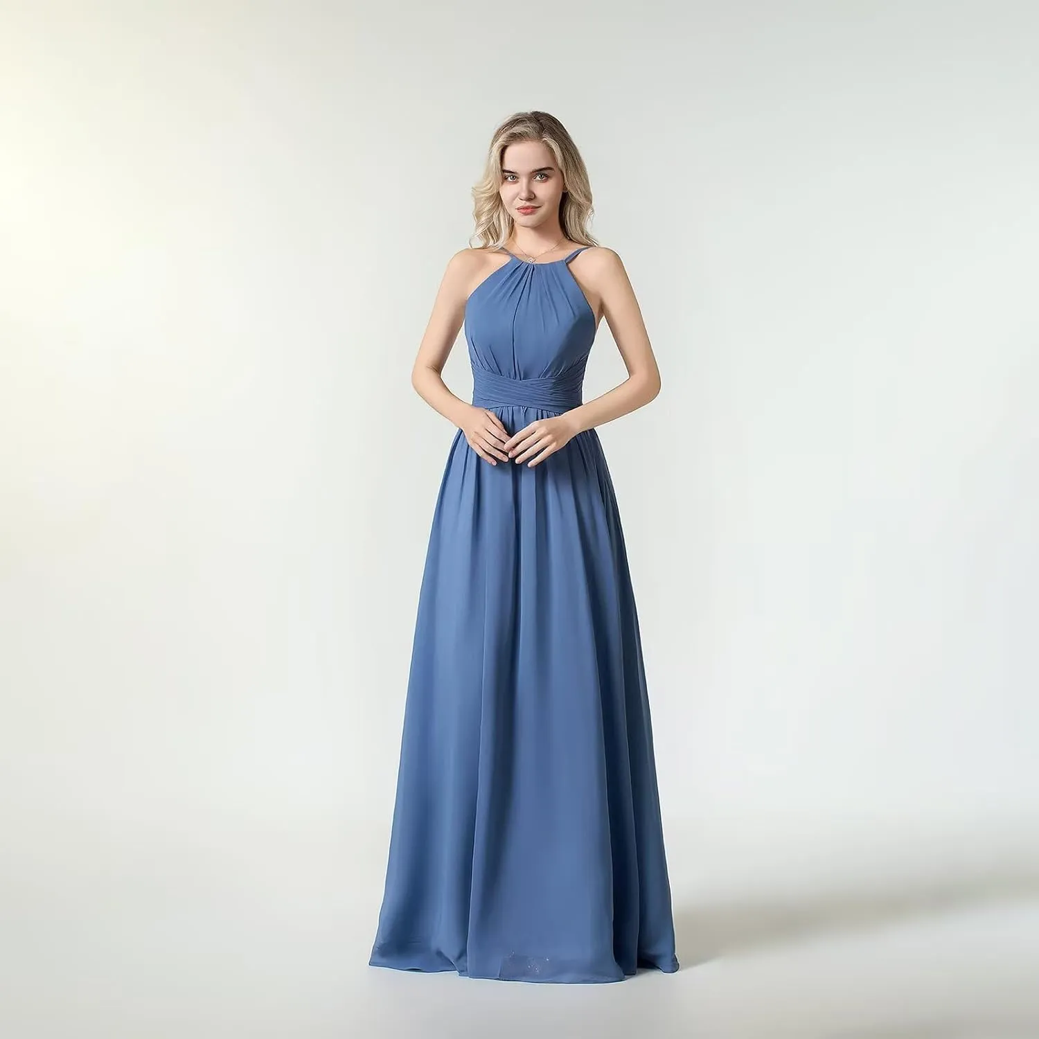 Women's Halter Sleeveless Bridesmaid Dresses Long Chiffon Formal Dresses Pleated Simple A-Line Evening Gowns