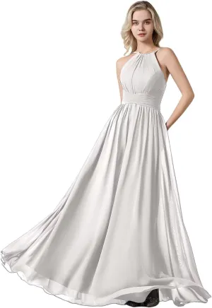 Women's Halter Sleeveless Bridesmaid Dresses Long Chiffon Formal Dresses Pleated Simple A-Line Evening Gowns
