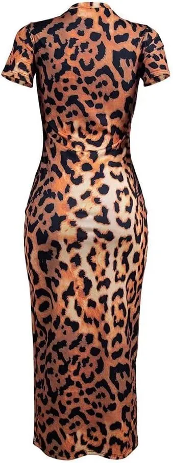 Womens Leopard Print Long Dresses - Short Sleeve Bodycon Club Midi Dress with Pockets