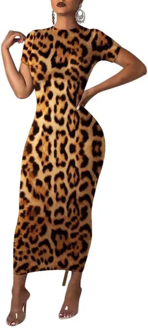 Womens Leopard Print Long Dresses - Short Sleeve Bodycon Club Midi Dress with Pockets