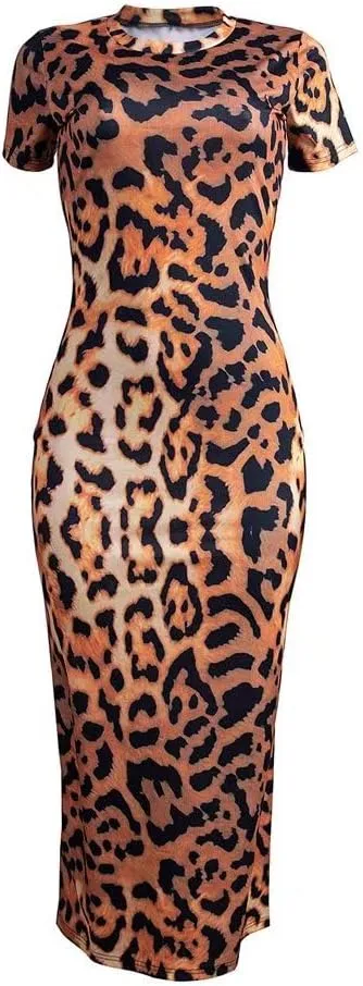 Womens Leopard Print Long Dresses - Short Sleeve Bodycon Club Midi Dress with Pockets