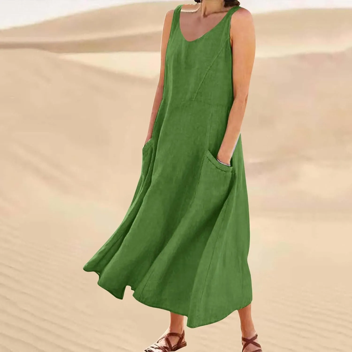 Womens Linen Dresses 2025 Boho Sleeveless Halter Dress Maxi Flowy Cute Plus Size Sundresses Dressy Casaul Vacation