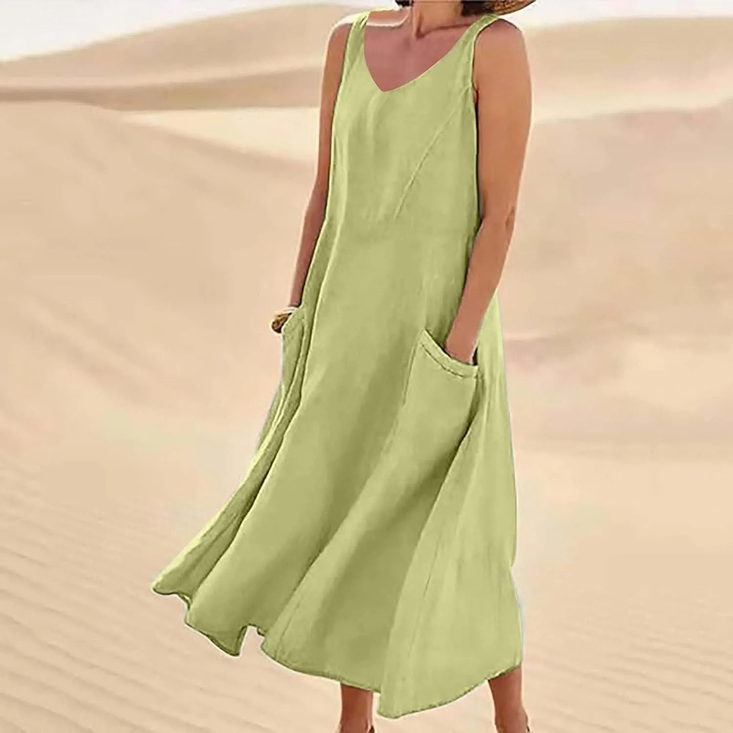 Womens Linen Dresses 2025 Boho Sleeveless Halter Dress Maxi Flowy Cute Plus Size Sundresses Dressy Casaul Vacation