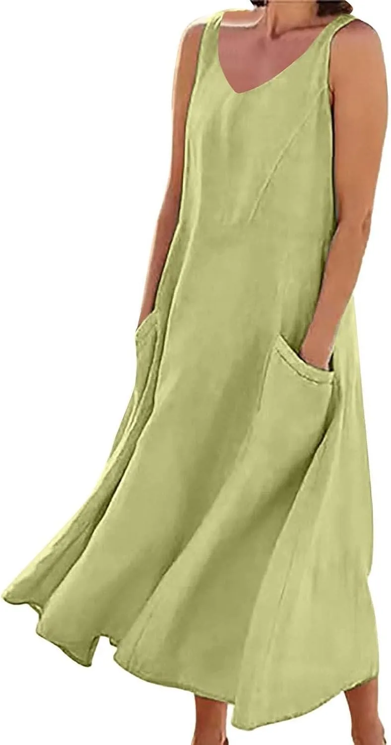 Womens Linen Dresses 2025 Boho Sleeveless Halter Dress Maxi Flowy Cute Plus Size Sundresses Dressy Casaul Vacation